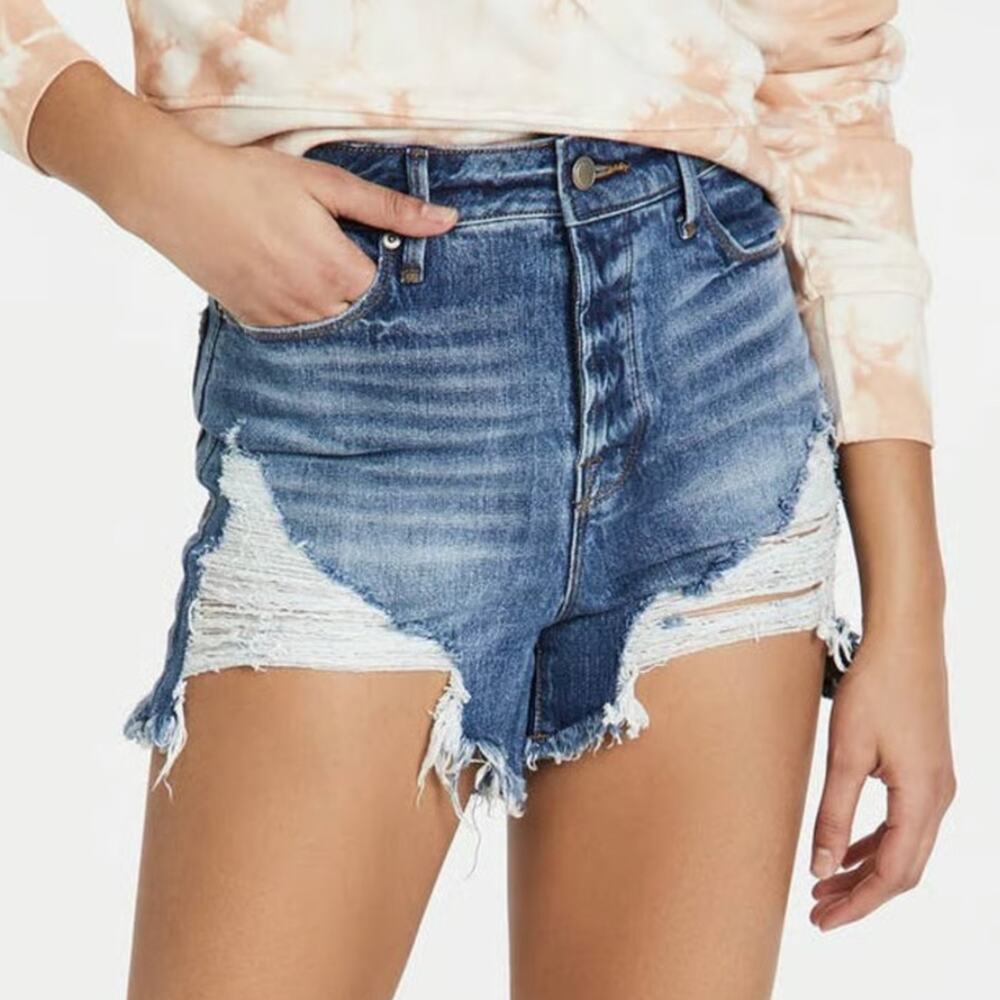 Good American Bombshell Frayed Shorts Button Fly High Rise Jean Shorts Size 10